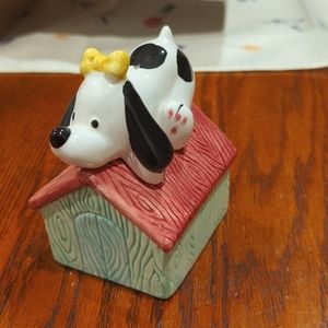 Ceramic dog on dog house salt and pepper shakers